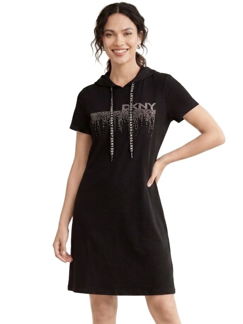 DKNY NWOT Black Short Sleeve Sparkling Logo Hooded Dress Size S